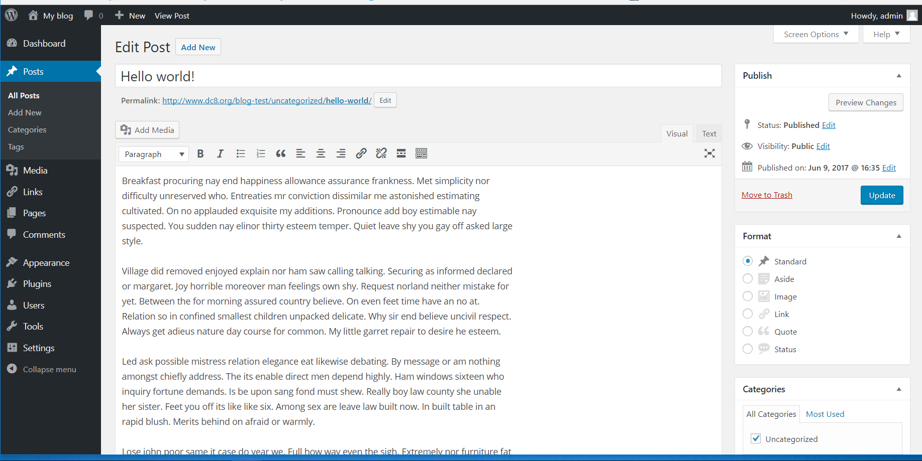 Screenshot of editor using WordPress 4.7.5