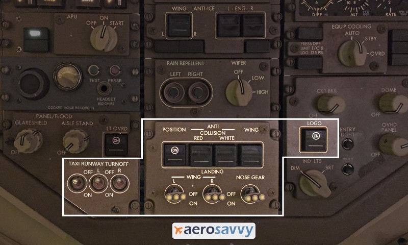 767 exterior lighting controls - Savvy Passenger Guide to Airplane Lights- AeroSavvy