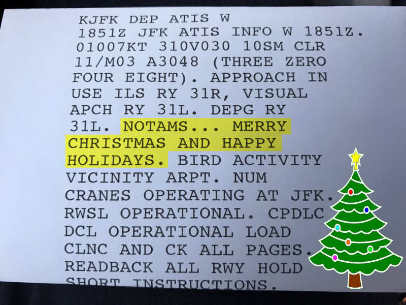 Printed ATIS showing Merry Christmas and Happy Holidays from Newark Tower - Aerosavvy